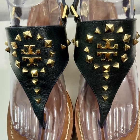 Tory Burch Dale Cork Wedge Size 8M Gold Spike Leather Thong Sandals - Picture 8 of 10